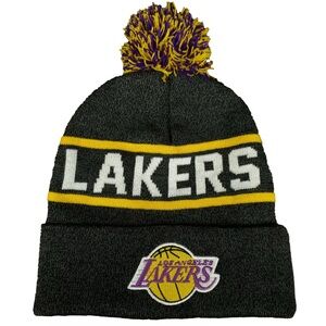 LA Lakers Mitchell & Ness NBA Cuff Knit Beanie Pom Hat Cap Dark Gray Yellow NWT